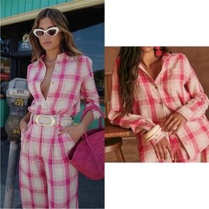 Sezane Tomboy Button-Up Shirt Plaid Pink White Maxi Check Sz 6 NWT Linen Blend